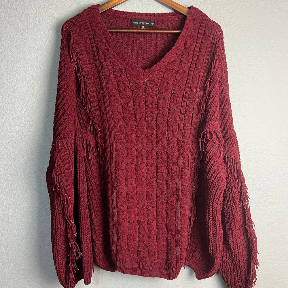Almost Famous Burgundy Fringe Chunky Open Cable Knit Sweater V Neck Pullover 3X